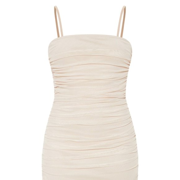 Prettylittlething Ruched Nude Mid Maxi Dress - Picture 1 of 6